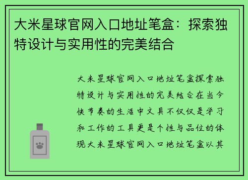 大米星球官网入口地址笔盒:探索独特设计与实用性的完美结合